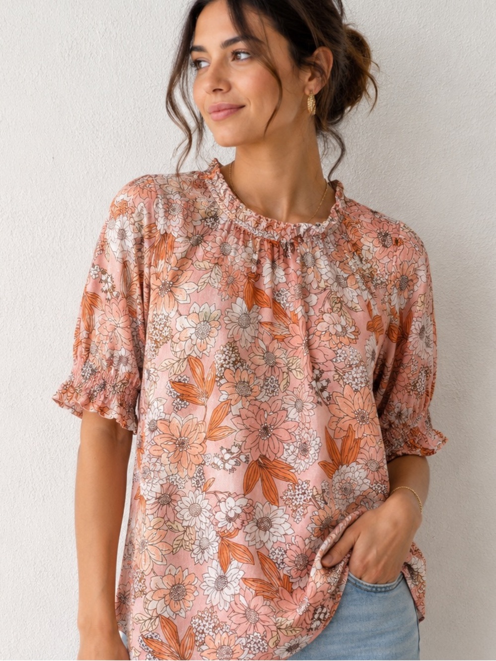 J.‎ Crew 100% LINEN Peach Floral Smocked Neck Blouse S